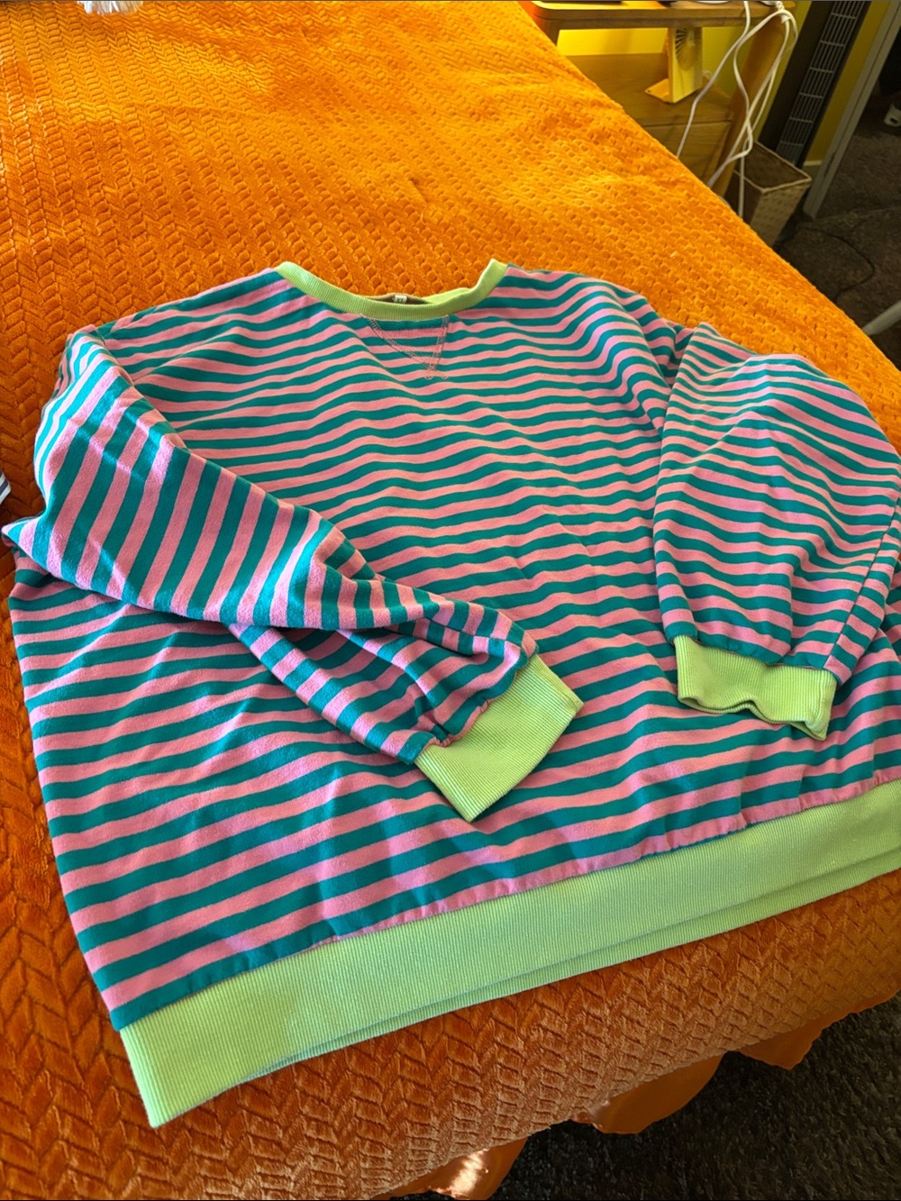 Pink and Teal Striped Long Sleeve Top with Lime Trim